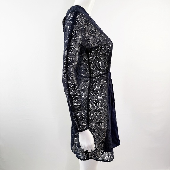 Maje Navy Blue REPINE Lace Mini Dress Size 4 Long Sleeve Formal Sheer Cocktail - Picture 7 of 11